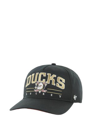 Black baseball cap featuring "DUCKS" and "HOCKEY" embroidered in gold. Includes a logo with a hockey mask and crossed sticks on the front.