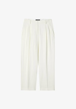 White tailored trousers with pleats, side pockets, belt loops, and a front zipper, displayed against a white background.