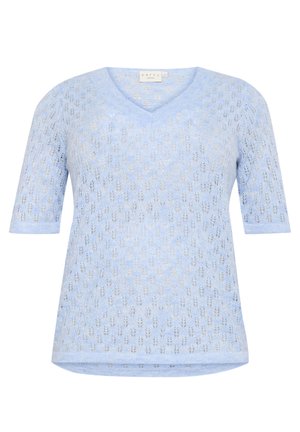 Light blue knitted pullover with a V-neck, short sleeves, and a delicate leaf pattern. Soft texture and slightly loose fit.