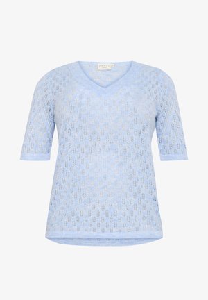 Maglione azzurro chiaro lavorato a maglia con scollo a V, maniche corte e un delicato motivo a foglia. Texture morbida e vestibilità leggermente larga.