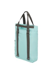 Una borsa a tracolla blu chiaro con manici grigio scuro, dotata di un corpo imbottito, forma rettangolare e una tasca frontale.