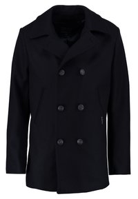 Cappotto nero doppiopetto realizzato in lana, con collare a rever, sei bottoni decorativi e tasche laterali. Texture liscia e design strutturato.