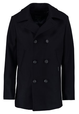 Cappotto nero doppiopetto realizzato in lana, con collare a rever, sei bottoni decorativi e tasche laterali. Texture liscia e design strutturato.