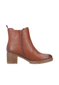 Bottine marron en cuir avec fermeture éclair latérale, talon bloc, languette à l'arrière et semelle texturée pour une meilleure adhérence.