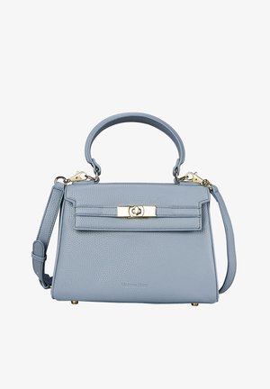 Světle modrá texturovaná kožená kabelka se strukturovaným tvarem, horním držadlem, nastavitelným ramenním popruhem a zlatými akcenty.