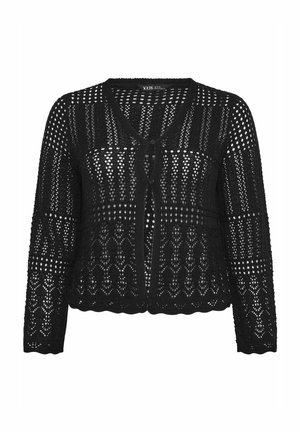 Czarny, długi sweter na guziki z dzianiny na szydełku, z misternymi wzorami ażurowymi i falowanym brzegiem.