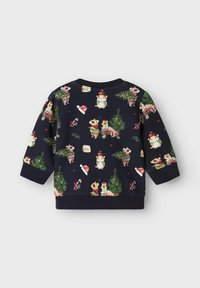 Granatowy sweter z nadrukiem świątecznym, przedstawiającym małe zwierzęta, choinki i dekoracje. Żebrowane mankiety i dekolt.