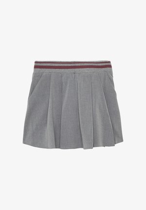 Szara plisowana spódnica z szerokim elastycznym paskiem w kolorze bordowym. Wykonana z miękkiego, teksturowanego materiału, posiada boczne kieszenie.