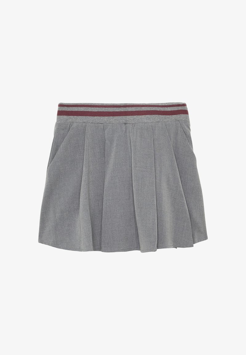 Gonna grigia plissettata con una ampia cintura elastica caratterizzata da strisce bordeaux. Realizzata in un tessuto morbido e tattile, è dotata di tasche laterali.