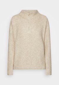 Beiger, strukturiert gestrickter Pullover mit hohem Kragen und Viertelreißverschluss, ausgestattet mit einem Metallring zum Ziehen. Lange Ärmel und eine lockere Passform.