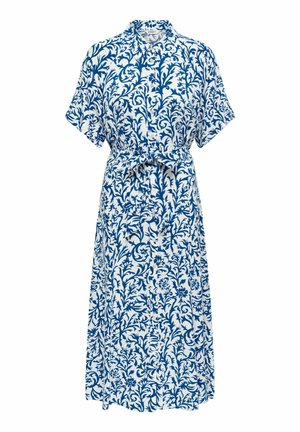 Abito midi bianco con motivo floreale a vite blu, maniche corte, chiusura frontale con bottoni, colletto e cintura annodata in vita.