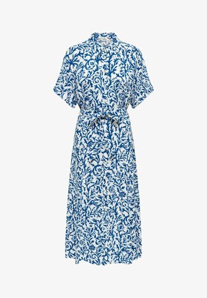 Rochie midi albă cu model albastru floral de viță de vie, mâneci scurte, închidere cu nasturi în față, guler și curea legată în talie.