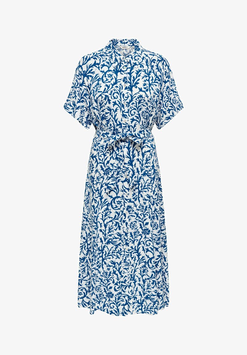 Robe midi blanche avec motif de vigne florale bleue, manches courtes, boutonnée devant, col et ceinture nouée à la taille.