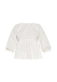Top bianco a peplo con maniche lunghe e puff, scollatura arricciata e una texture liscia, realizzato in leggero tessuto di cotone.