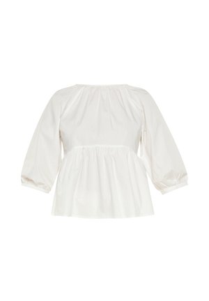 Hvid peplum top med lange, puffede ærmer, rynket halsudskæring og en glat tekstur, lavet af letvægts bomuldsstof.