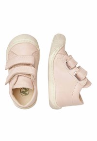 Pink leather shoes with double Velcro straps, rounded toes, and textured rubber soles. Smooth surface and soft lining.