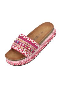 Sandal con punta aperta, con una soletta in pelle marrone, cinturino intrecciato rosa, gemme decorative dai colori multipli e dettagli intrecciati attorno alla suola.