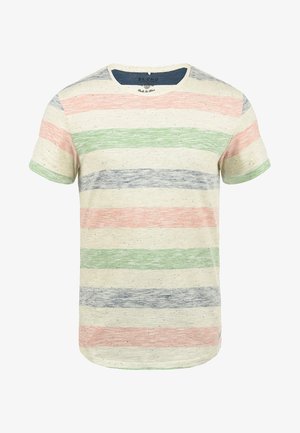 Lühikeste varrukatega T-särk ring-kaelusega, millel on mitmevärvilised horisontaalsed triibud roosa, rohelise, helesinise ja kreemja värviga, valmistatud tekstureeritud kangast.