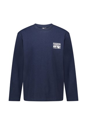 Marineblaue Langarm-T-Shirt aus Baumwolle. Mit einem kleinen dekorativen Taschenprint mit grafischem Muster. Normale Passform mit rundem Halsausschnitt.