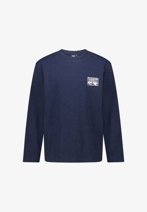 Navy long-sleeve T-shirt made of cotton. Features a small decorative pocket print with a graphic pattern. Regular fit with round neckline.