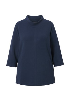 Top ribbed di un blu scuro con colletto alto a drappeggio e maniche a tre quarti. Presenta una vestibilità ampia e un orlo dritto.