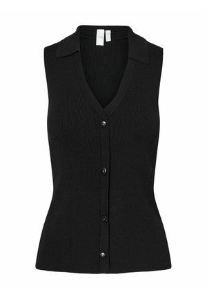 Zwarte mouwloze cardi met V-hals, geribbeld textuur, knopen aan de voorkant en een klassieke kraag. De pasvorm is op maat en contoured.