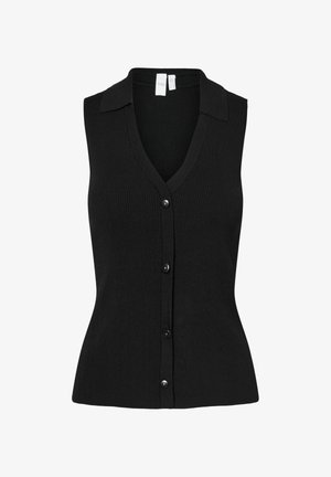 Cárdigan sin mangas negro con escote en V, textura acanalada, botonera frontal y cuello clásico. El ajuste es entallado y contorneado.