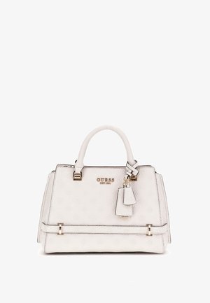 Borsa a tracolla sintetica bianca con motivo in rilievo del logo, hardware dorato, manici doppi e etichetta removibile. Forma rettangolare con design strutturato.