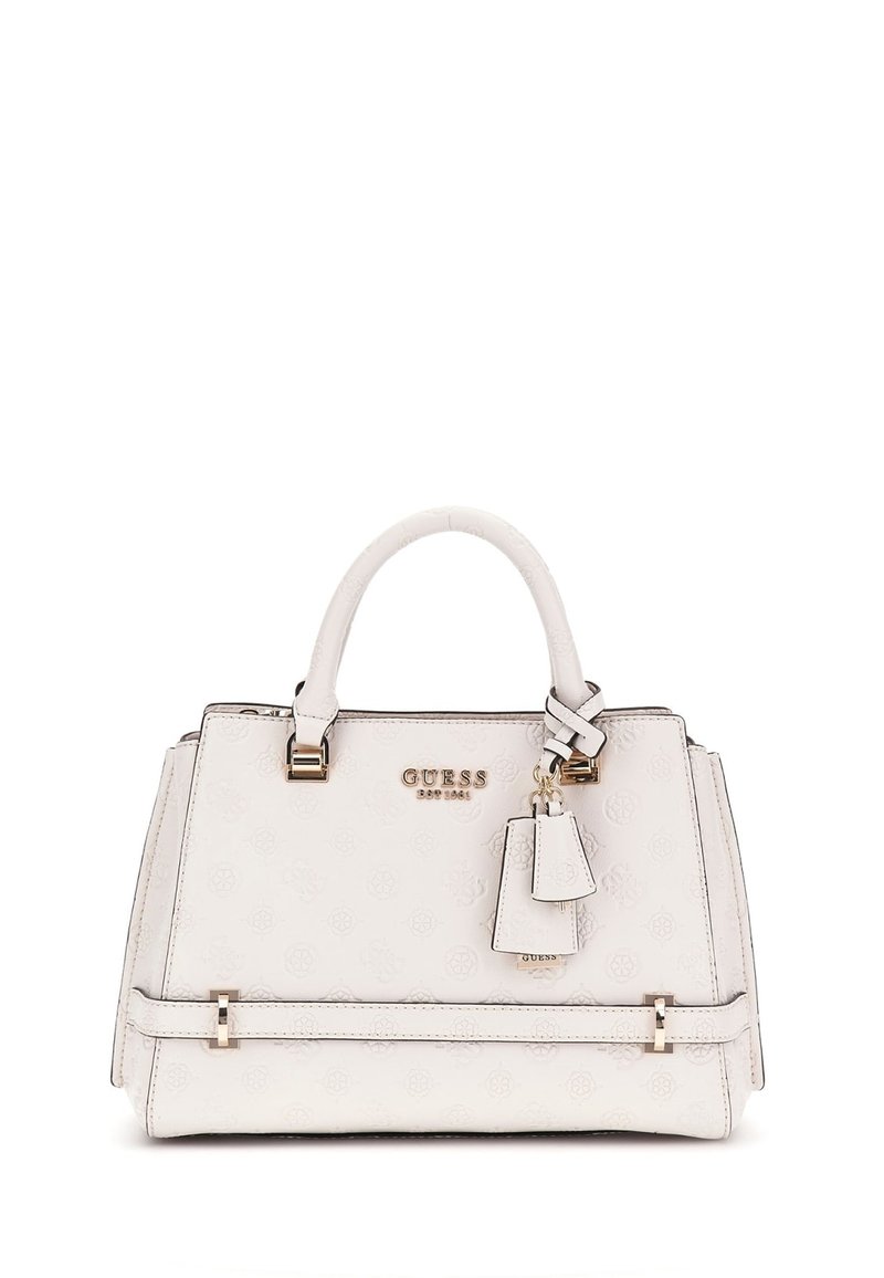 Borsa a tracolla sintetica bianca con motivo in rilievo del logo, hardware dorato, manici doppi e etichetta removibile. Forma rettangolare con design strutturato.