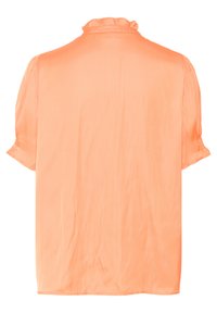 Bluzica s kratkimi rokavi v svetlo oranžni barvi, izdelana iz gladkega blaga. Ima ruffle ovratnik in rahlo nabirane rokave, celotna krojena pa je ohlapno.