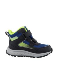 Kinder hoge sneakers in blauw en zwart met neon groene accenten, twee verstelbare klittenbandsluitingen en een grijze rubberen zool.