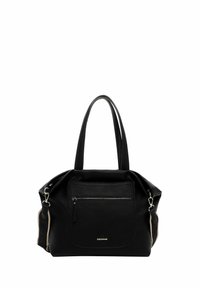 Black textured leather handbag with a front zip pocket, dual top handles, and side accent details. Features a structured shape.