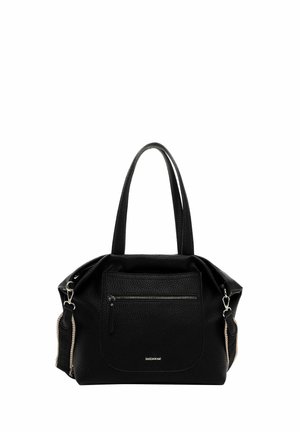 Borsa a tracolla in pelle nera con superficie texturizzata, tasca frontale con zip, doppi manici superiori e dettagli decorativi laterali. Presenta una forma strutturata.