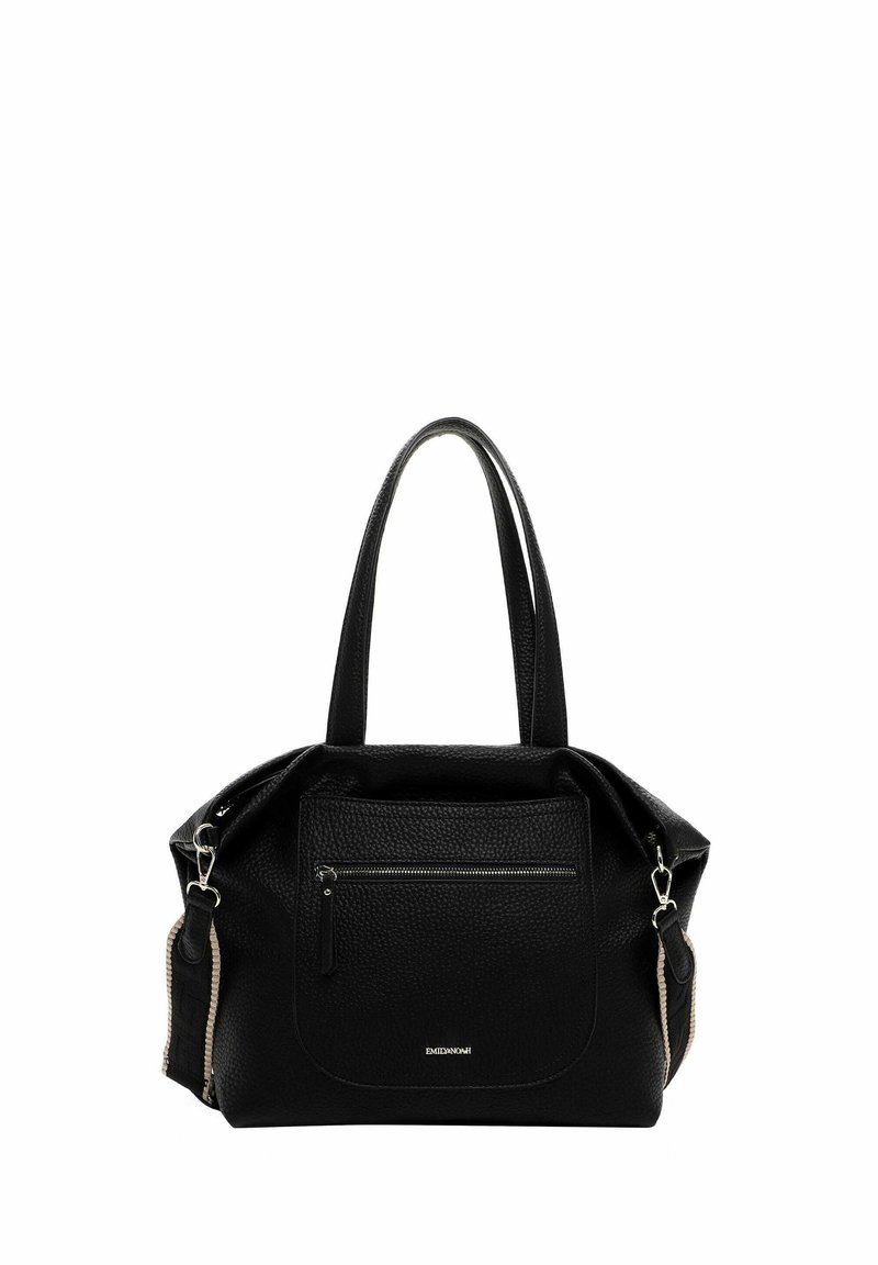 Black textured leather handbag with a front zip pocket, dual top handles, and side accent details. Features a structured shape.