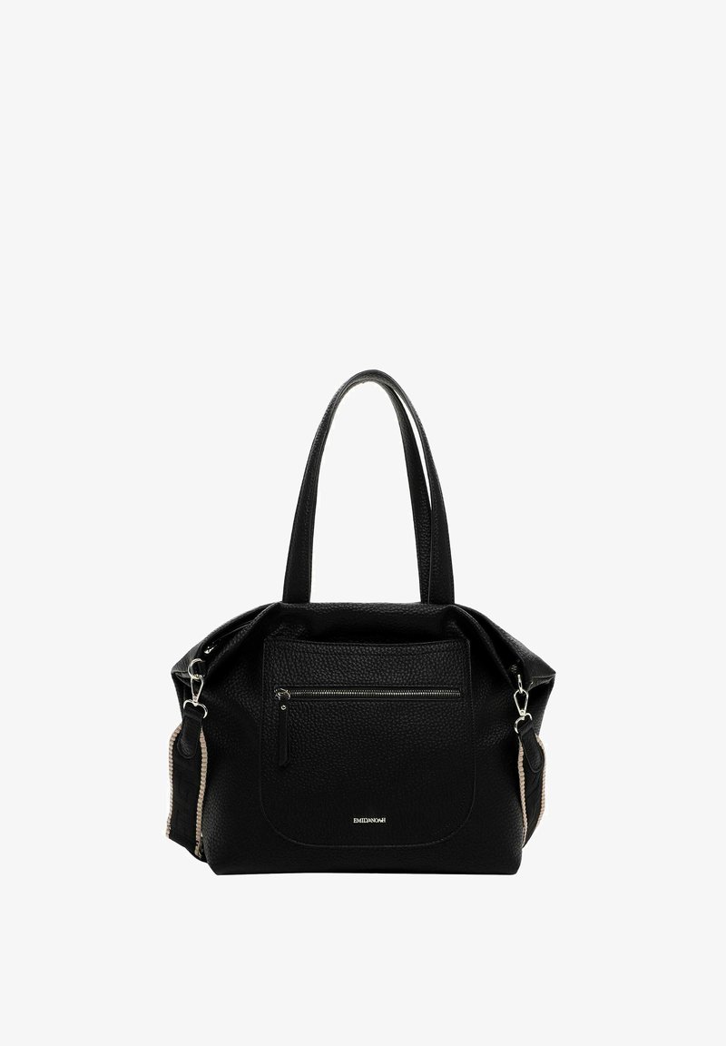 Czarna torebka z teksturowanej skóry, z przednią kieszenią na zamek, podwójnymi uchwytami i bocznymi detalami akcentującymi. Charakteryzuje się sztywną formą.
