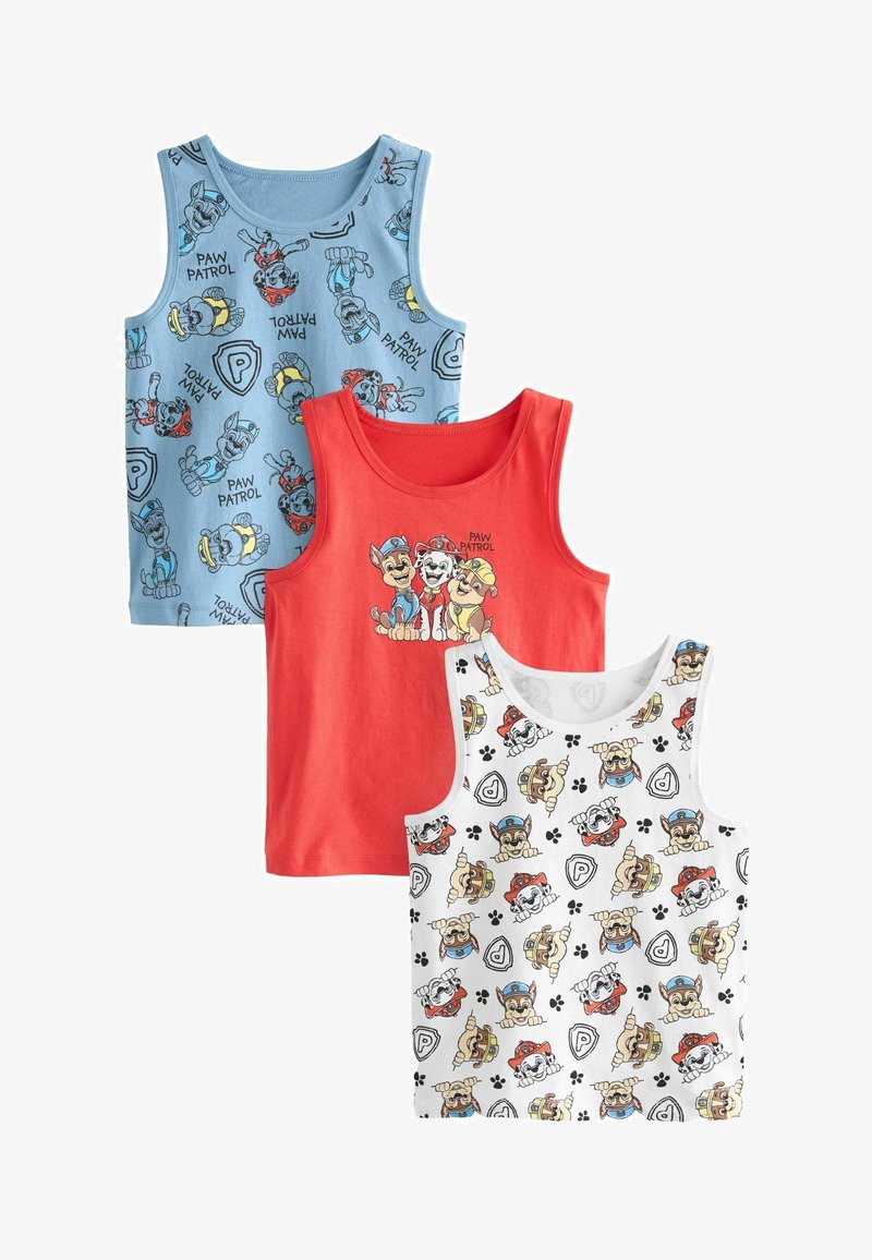 Drei Kinder-Tanktops: blau mit Paw Patrol-Charakteren, rot mit grafischem Design und weiß mit gemusterten Illustrationen von Hunden.