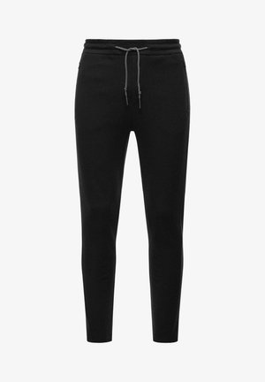 Schwarze Jogginghose aus strukturiertem Stoff, mit elastischem Bund, verstellbarem Kordelzug und schmal zulaufenden Beinen. Inklusive Seitentaschen.