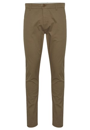Khaki chinos med knappelukking, rette ben, flat front og sidelommer. Laget av glatt stoff med en subtil tekstur.
