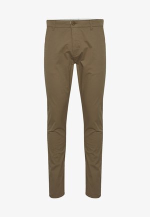 Khaki chinos med knappelukking, rette ben, flat front og sidelommer. Laget av glatt stoff med en subtil tekstur.