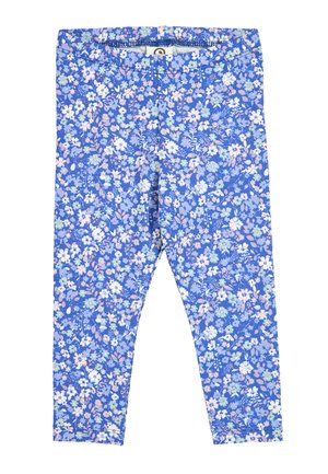 Niebieskie legginsy z gęstym kwiatowym wzorem w bieli, różu i jasnym niebieskim, z elastycznym pasem.