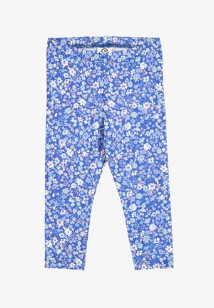 Blue leggings with a dense floral pattern in white, pink, and light blue, featuring an elastic waistband.