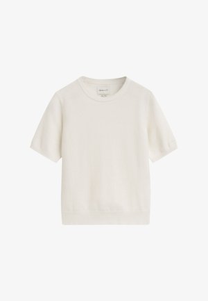 Weißer kurzärmliger Pullover aus weichem Strickmaterial. Hat einen runden Ausschnitt sowie gerippte Bündchen und Saum. Einfaches, minimalistisches Design.