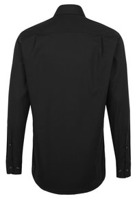 Zwarte langslavige shirt van gladde stof met een klassieke kraag, knoopmanchetten en een nette, getailleerde achterkant.