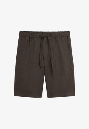Donkerbruine casual shorts met een elastische tailleband en trekkoord, voorzien van zijzakken en een rechte pijp.
