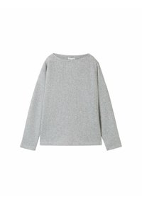 Lichtgrijze lange mouw pullover gemaakt van ribbreisel. Heeft een brede ronde halslijn en een relaxed fit met verlaagde schouders.