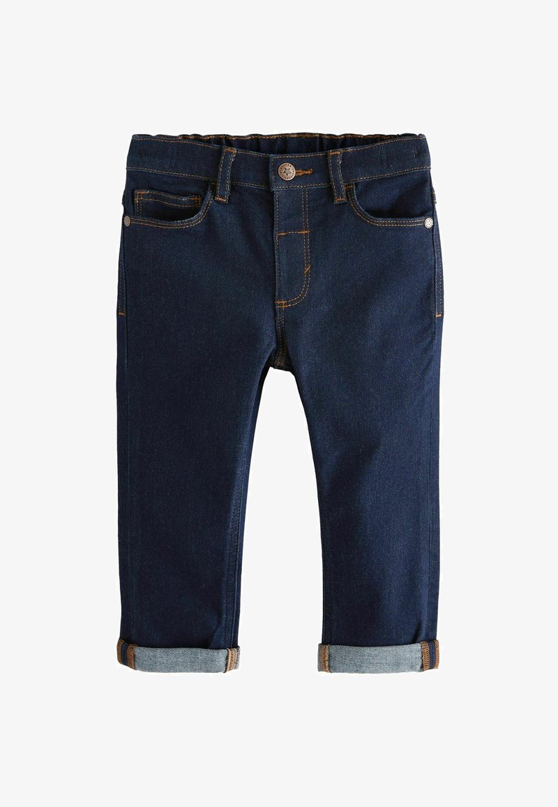 Tmavomodré denimmové nohavice so rovným strihom, s oranžovým prešívaním, piatimi vreckami a zrolovanými manžetami s bledomodrým akcentom.