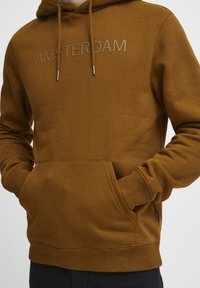Sweatshirt à capuche marron avec poche kangourou, manches côtelées et inscription "AMSTERDAM" imprimée sur le devant dans une couleur tonale. Texture de tissu douce.
