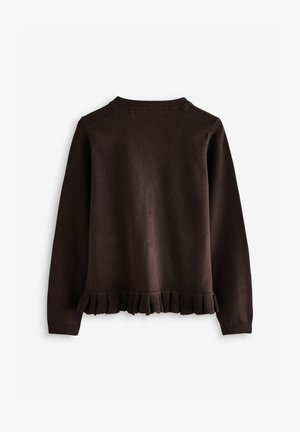 Brun virkad tröja med långa ärmar och volangkant. Slät textur med rund halsringning, utan synliga knäppningar.