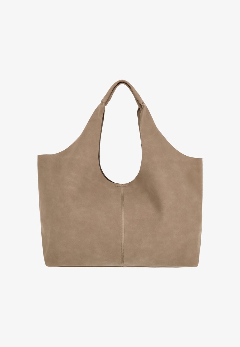 Geantă tote bej, din imitație de piele moale, cu partea superioară rotunjită și deschidere largă, alungită. Cusătură simplă în centru; textură netedă.