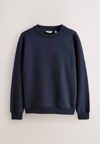 Granatowa bluza wykonana z miękkiego materiału z okrągłym dekoltem, ściągaczami przy mankietach i dole, o minimalistycznym designie bez widocznych wzorów.